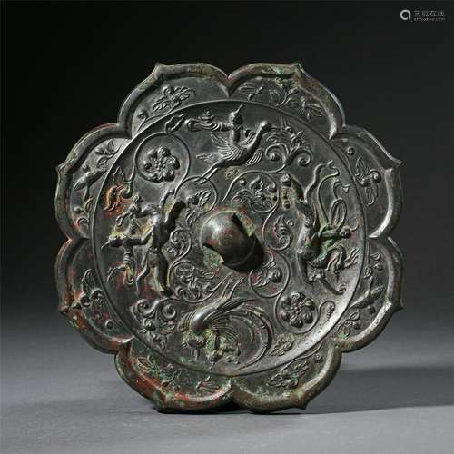 CHINESE BRONZE DRAGON AND PHOENIX FLOWER SHAPED MIRROR