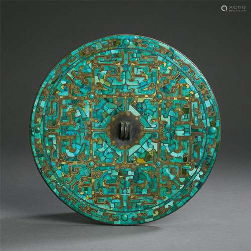 CHINESE TURQUOISE GOLD INLAID BRONZE ROUND MIRROR