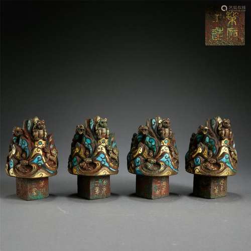 FOUR CHINESE TURQUOISE GOLD INLAID BRONZE DECORATION