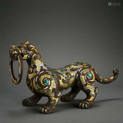 CHINESE TURQUOISE GOLD SILVER INLAID BRONZE TIGER TABLE