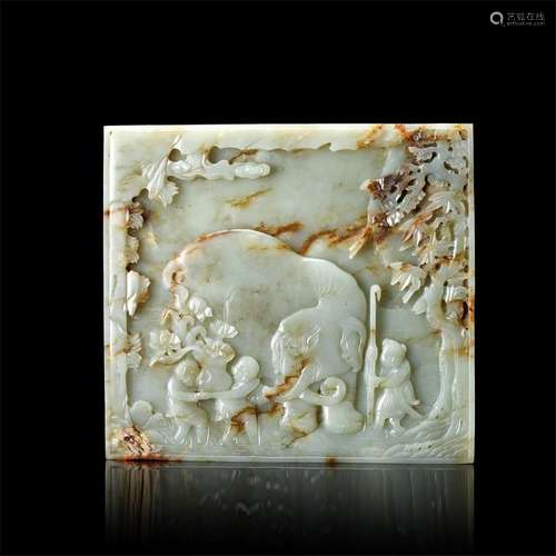 CHINESE CELADON JADE BOY AND ELEPHANT PLAQUE