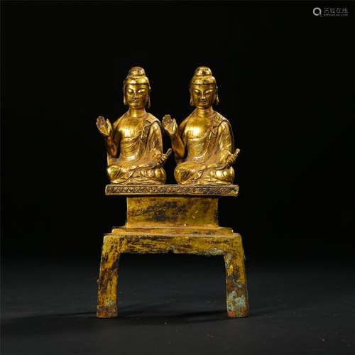 CHINESE GILT BRONZE DOUBLE SEATED BUDDHA ON STAND