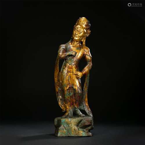 CHINESE GILT BRONZE STANDING BUDDHIST GUARDIAN