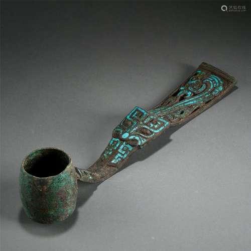 CHINESE TURQUOISE INLAID ANCIENT BRONZE LONG HANDLE