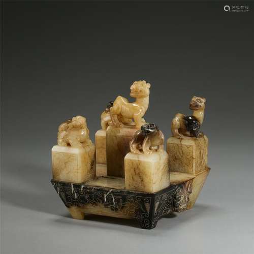 FIVE CHINESE ANCIENT JADE BEAST SEALS