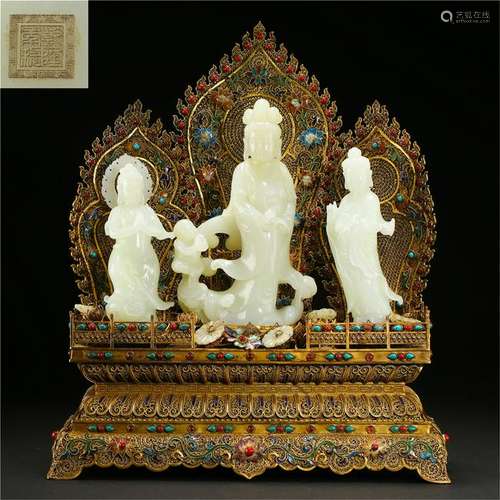 THREE CHINESE WHITE JADE BUDDHA ON GEM STONE INLAID