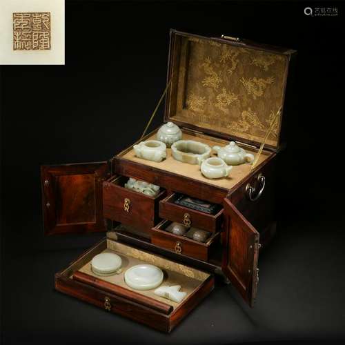 CHINESE WHITE JADE TEA POT SET IN ROSEWOOD TREASURE