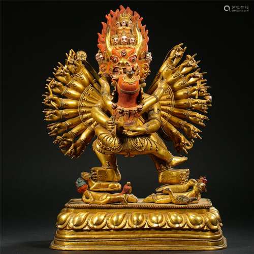 TIBETAN GILT BRONZE HUNDRED ARMS SAMANTAKA