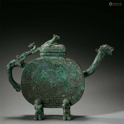 CHINESE ANCIENT BRONZE DRAGON HANDLE FLATTEN KETTLE