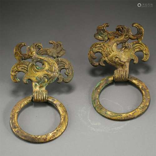 PAIR OF CHINESE GILT BRONZE PHOENIX LOOPED DOOR KNOCKER