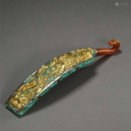 CHINESE TURQUOISE RED AGATE GOLD INLAID DRAGON BELT