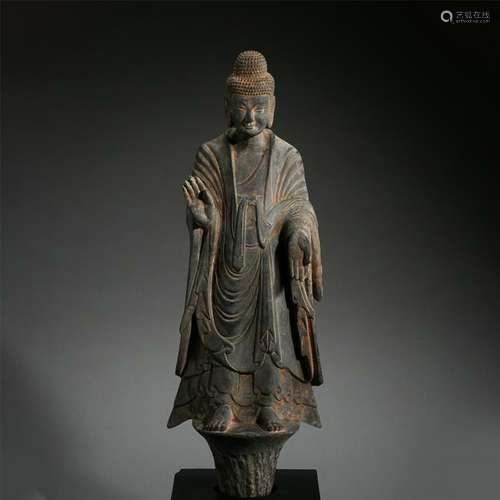 CHINESE BLACK STONE STANDING BUDDHA