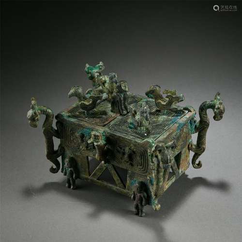 CHINESE ANCIENT BRONZE DRAGON LIDDED CENSER