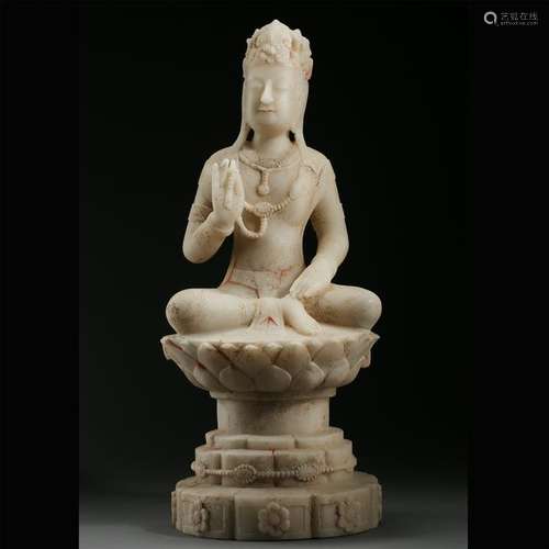 CINESE WHITE MARBLE SEATED GUANYIN ON LOTUS BASE