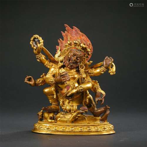 TIBETAN GILT BRONZE SIX ARMS SAMANTAKA