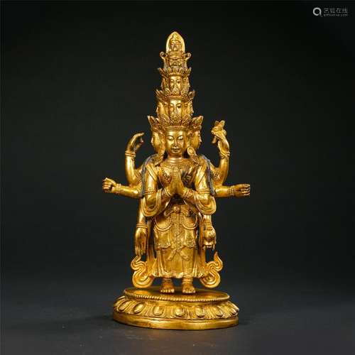 CHINESE GILT BRONZE STANDING SIX ARM BUDDHA