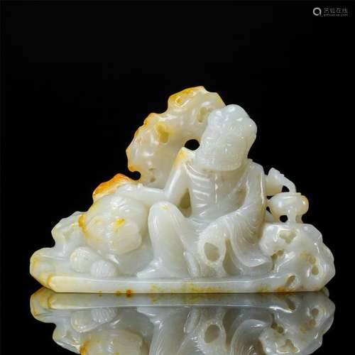 CHINESE GREY JADE SEATED LOHAN SCHOLAR'S ROCK