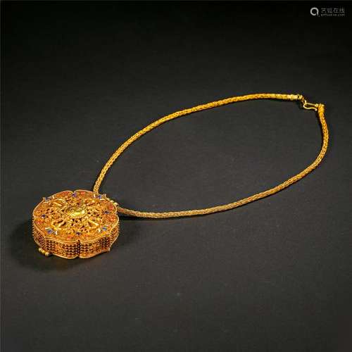 CHINESE GEM STONE INLAID PURE GOLD INCENSE CAGE