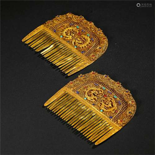 CHINESE GEM STONE INLAID PURE GOLD COMB