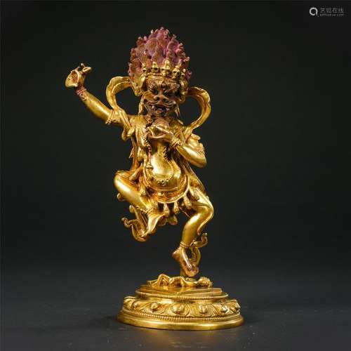 TIBETAN GILT BRONZE STANDING BUDDHIST GUARDIAN