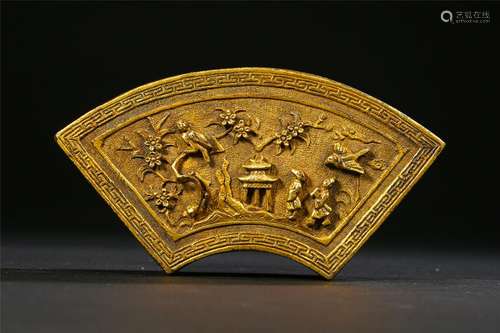 CHINESE GILT BRONZE MEN IN GARDEN FAN SHAPED LIDDED BOX