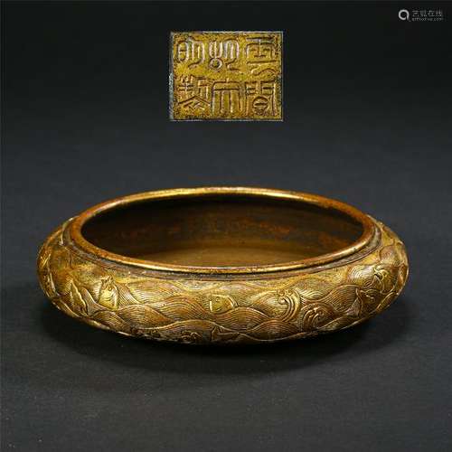 CHINESE GILT BRONZE WAVE ROUND CENSER