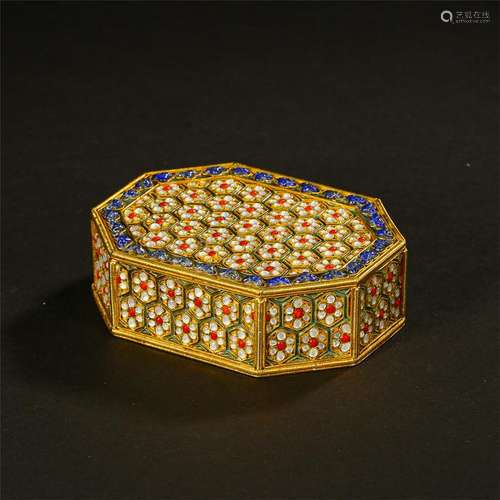 CHINESE GEM STONE INLAID GILT BRONZE OCTAGONAL BOX