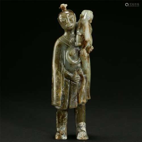 CHINESE ANCIENT JADE STANDING FIGURE WITH DOG