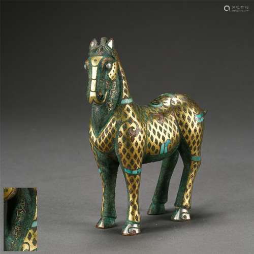 CHINESE SILVER GOLD INLAID BRONZE HORSE