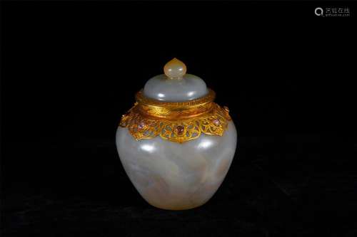 CHINESE GILT SILVER DECOR LIDDED AGATE WATER JAR