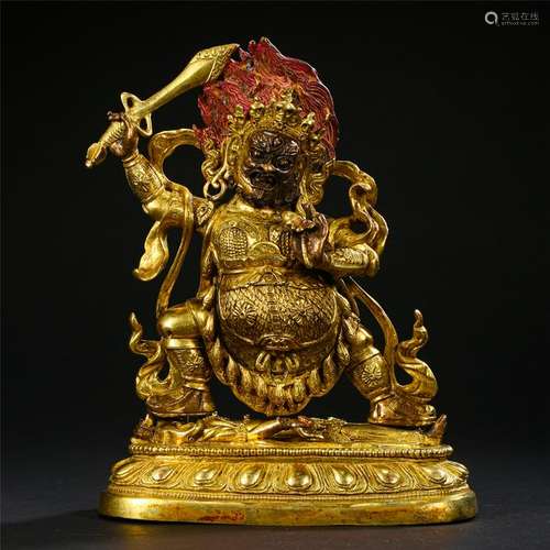 TIBETAN GILT BRONZE STANDING BUDDHIST GUARDIAN