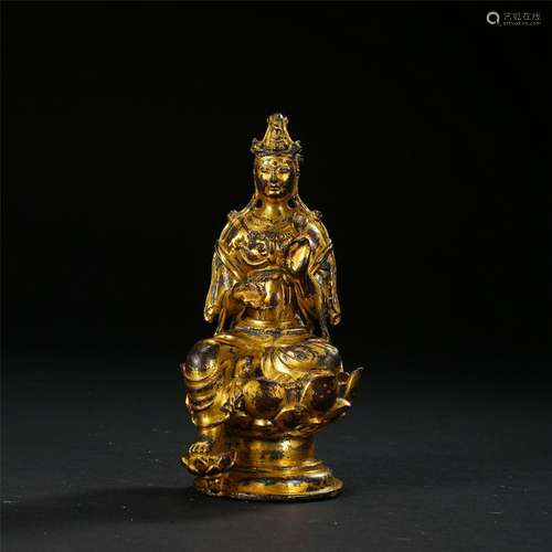 CHINESE GILT BRONZE SEATED GUANYIN ON LOTUS BASE