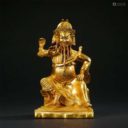 CHINESE GILT BRONZE SEATED WARRIOR