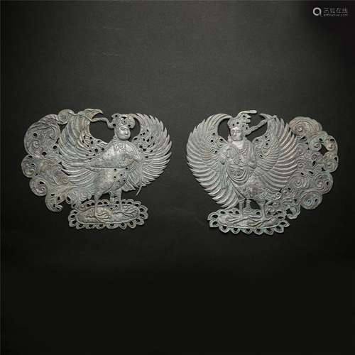 PAIR OF CHINESE SILVER PHOENIX PLAQUE