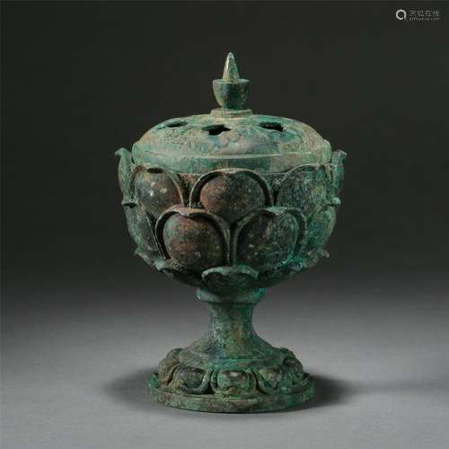 CHINESE ANCIENT BRONZE LIDDED LOTUS CENSER