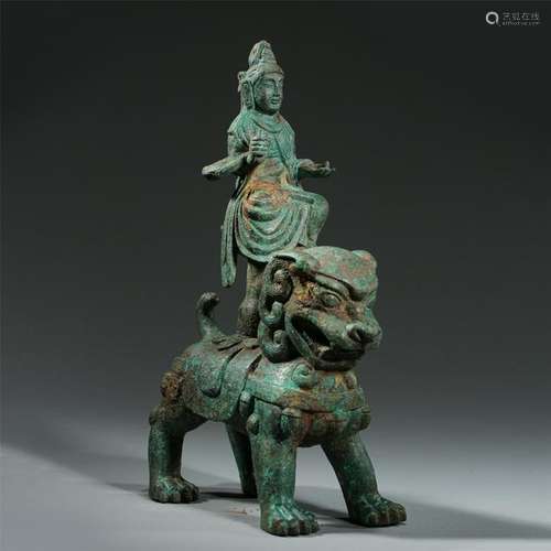 CHINESE BRONZE SEATED GUANYIN ON BEAST