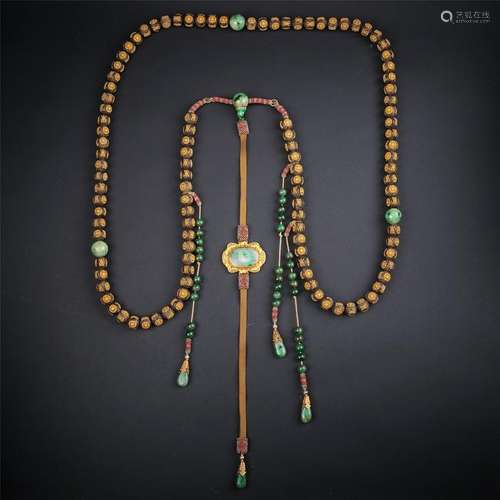 CHINESE GILT SILVER AGALWOOD BEAD CHAOZHU NECKLACE