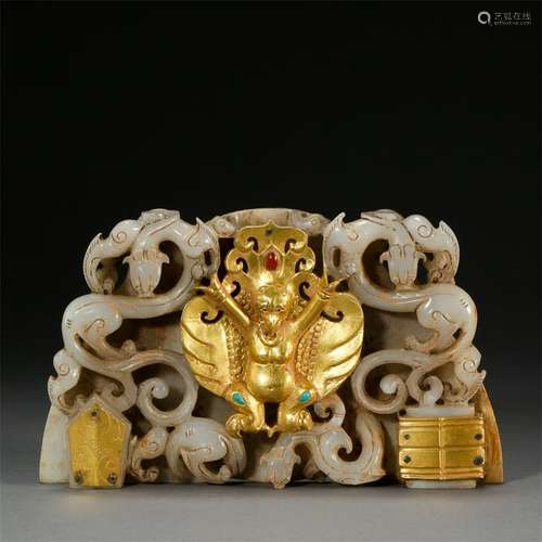 CHINESE GOLD COVERED ANCIENT JADE DRAGON PLAQUE