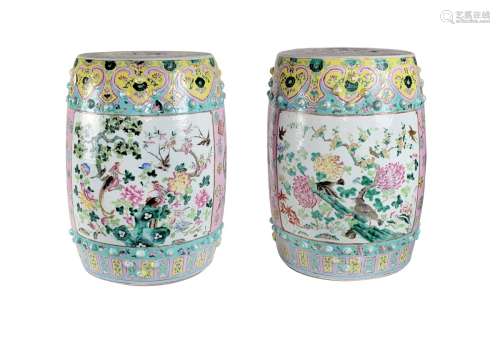 PAIR OF FAMILLE ROSE GARDEN STOOLS