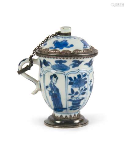 BLUE AND WHITE SILVER MOUNTED LIDDED TEA CUP