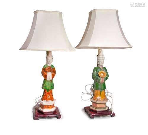 PAIR OF SANCAI-GLAZED POTTERY FIGURE LAMPS