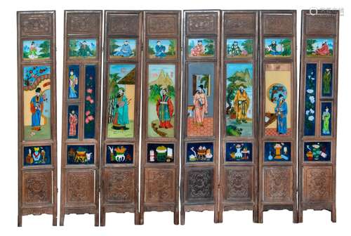 EIGHT PANEL REVERSE PAINTED GLASS TABLE SCREEN