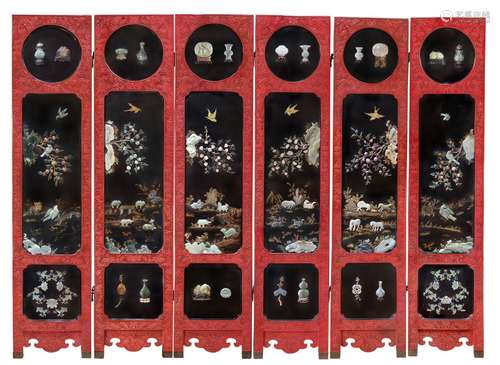 CINNABAR LACQUER GILT ROOM SCREEN INLAIN JADE