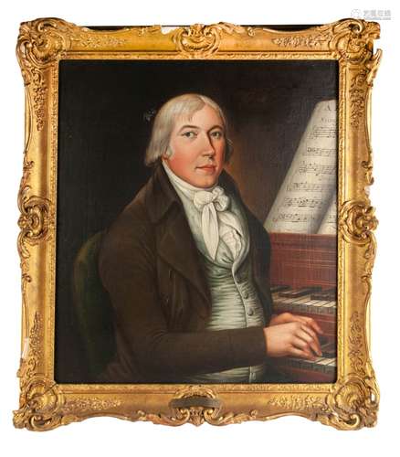 FRAMED OIL ON CANVAS OF HARPSICHORD PLAYER