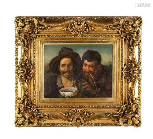 OIL ON CANVAS TWO MEN PIPE AND BOWL