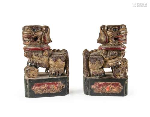 PAIR OF CARVED WOOD FOO LION