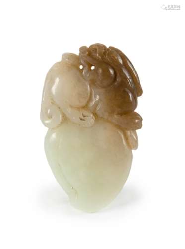 WHITE JADE CARVING OF A MYTHICAL BEAST AND PEACH