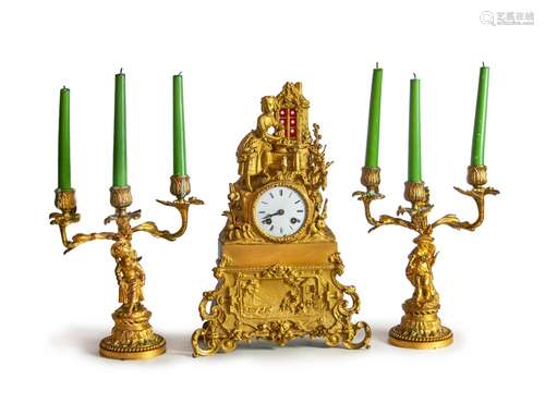 GILDED CLOCK AND CANDLE HOLDERS