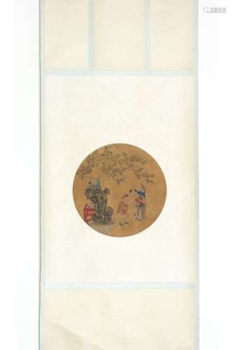 SCROLL CIRCULAR PAINTING BOYS AND LING BI STONE