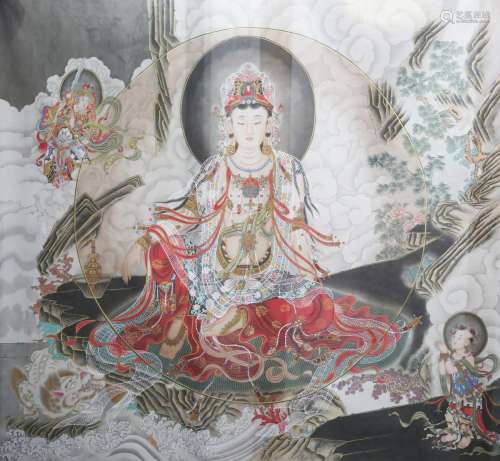 LARGE PAINT ON PAPER OF GUAN YIN GODDESS